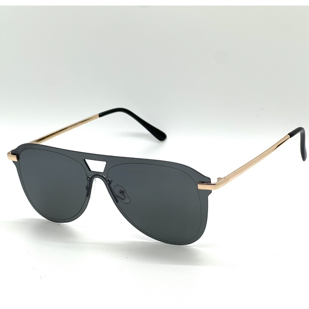 Sunglasses Flat Top Shield Gold Accents Fashion Dark Black Lens Pilot Style New‎